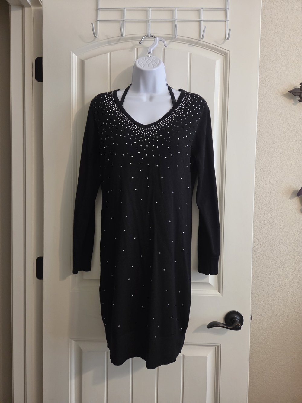 Black Long-Sleeve V-Neck Dress with Rhinestone Accent